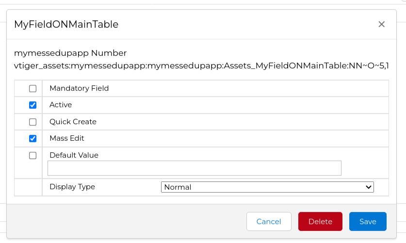 custom field table and column name viewing